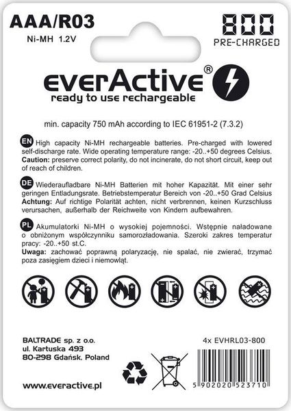 Акумулятор everActive AAA/HR03 Ni-MH 800mAh BL 4шт 291223 фото